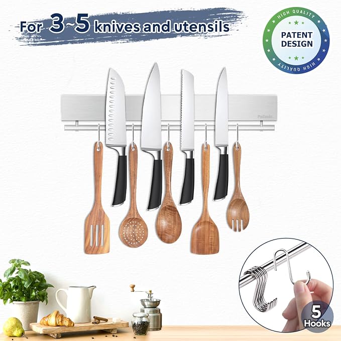 12 Inch Magnetic Knife Holder with 5 Hooks, No Drilling Wall Mount, Powerful Magnet Strip and Utensil Hanger - Image 3