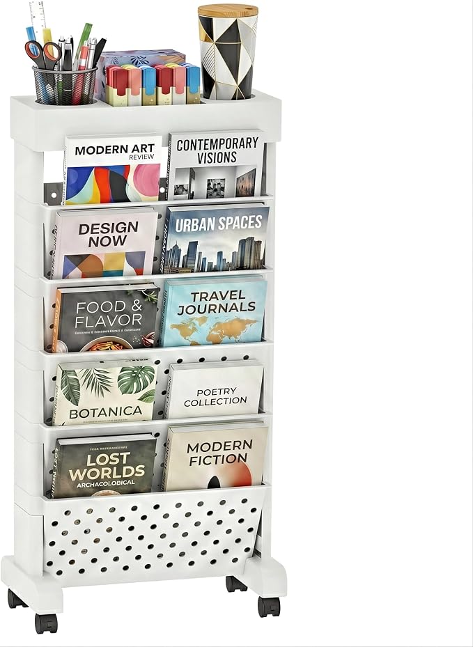 6-Tier Rolling Bookshelf Magazine Rack with Wheels White | Mobile Bookcase, Book Storage File Folder Organizer Cart for Home Study Office Living Room Classroom by yeavs