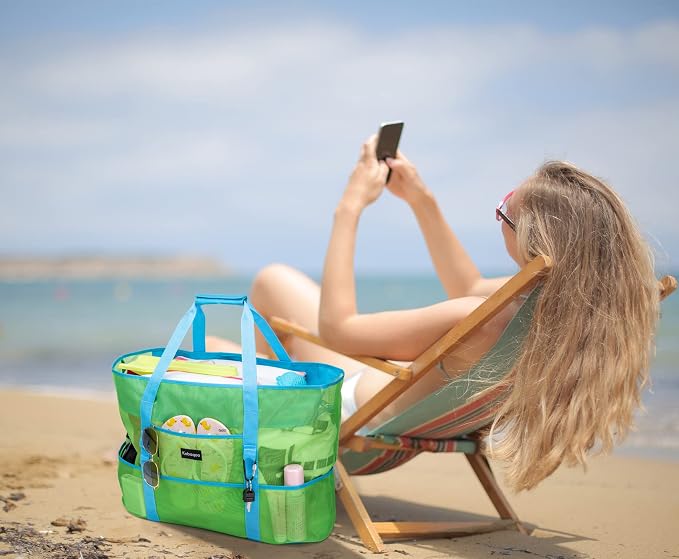 KABAQOO Mesh Beach Bag, Extra Large Beach Bags with 9 Pockets & Zipper Waterproof Lightweight Beach Tote for Beach/Pool Trip - Image 2