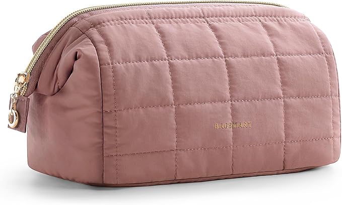 BAGSMART Makeup Bag Travel Toiletry Bag, Wide-open Zipper Pouch, Dark Pink | Puffy Padded, Travel Essentials, Make Up Bag, For Women, Makeup Organizer, Toiletries Accessories Brushes by BAGSMART