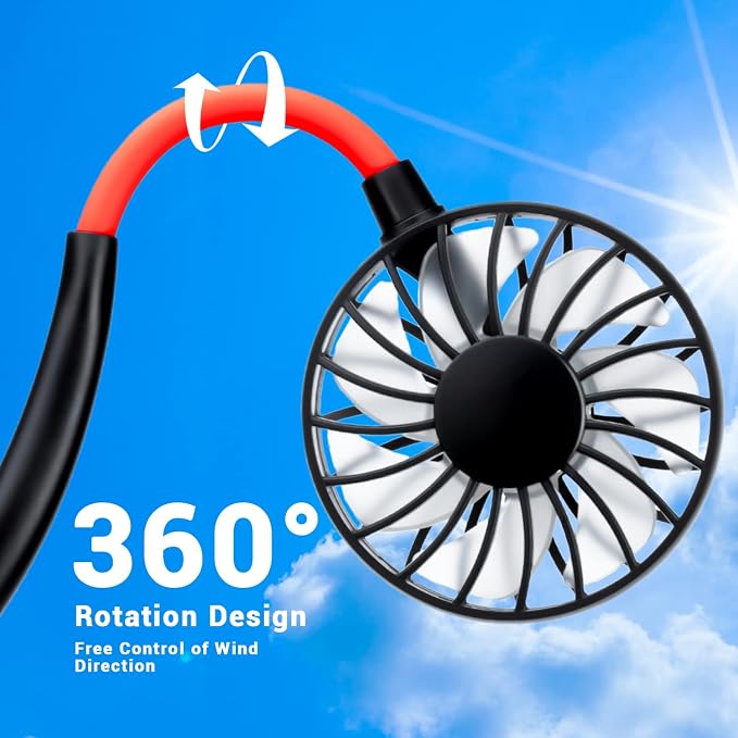 Portable Neck Fan Rechargeable Personal HandFree Fan Mini USB Wearable Neckband Sport Fan 3 Speed Adjustable 360 Degrees Free Rotation Perfect for Working Traveling Office Reading (Red Black 2 Pack) - Image 2