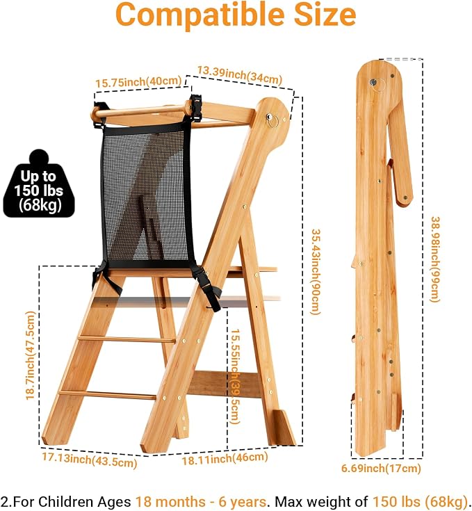 COSYLAND Toddler Standing Tower Foldable Toddler Kitchen Step Stool | Adjustable Height Folding Step Stool for Kids Learning and Cooking - Ages 18 Months to 6 Years with Safety Net Natural - Image 8