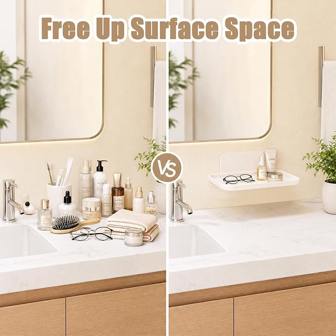 2Pcs Foldable Floating Shelf, No Drill Wall Shelves Adhesive Organizer Tray | Small White Stick on Plastic Shelf, Portable Damage Free Adhesive Shelves for Bedroom Bathroom Kitchen Office - Image 5