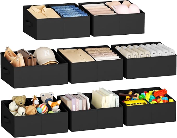 DIMJ Large Closet Shelf Organizer Bins 8 Packs with Handles and Divider, Fabric Trapezoid Storage Baskets, Foldable Clothes Containers Box for Shelf, Towel, Book, Toy, Purse, Hats, Black by DiMJ