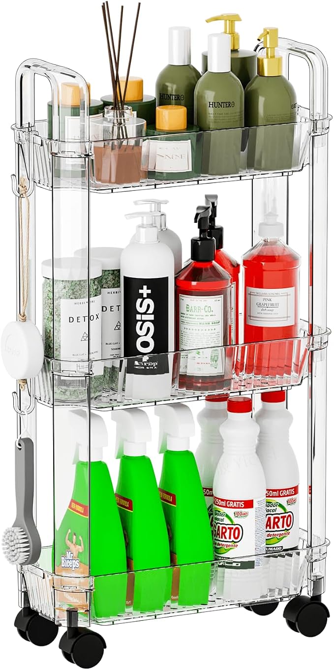 3 Tier Slim Rolling Storage Cart with Wheels for Small Space,Clear Modern Design Slim Utility Cart Suitable as Bathroom Cart Organizer Shelf,Skinny Bathroom Storage Rack,Narrow Laundry Cart on Wheels by SuoxingStorage