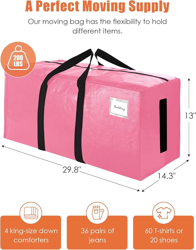 SWEET DOLPHIN 12 Pack 200LB Heavy-Duty Moving Bags with Wrap-Around Handles, Extra Large Storage Totes for Space Saving, Clothes Storage Bags, College Dorm Essentials, Pink, 24 Gal - Image 4