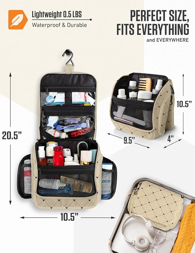 VENTURE 4TH Hanging Travel Toiletry Bag, 17 Compartments - Beige Diamonds | Hangs on rails, hooks or doors; stands upright too. Removable TSA pouch. Water-resistant 900D Nylon, reinforced stitching. - Image 2