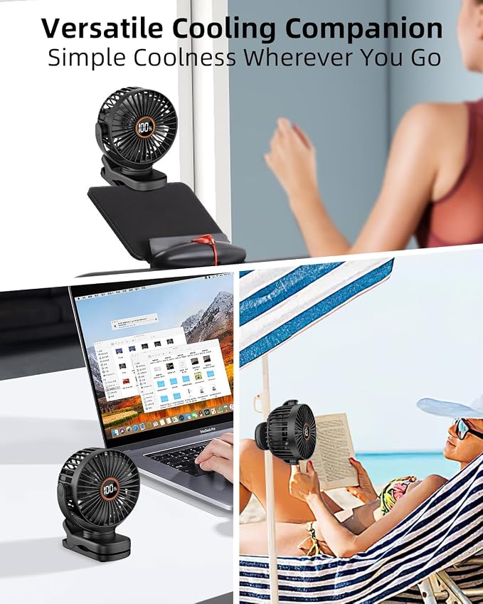 buywoo Portable Mini Personal Fan, Small Rechargeable Battery Powered Stroller Fan for Desk, Strong Clamp Grip, 360° Rotation, 3-Speed, LED Display, Clip On Cooler for Bed, Golf Cart, Office, Black - Image 6