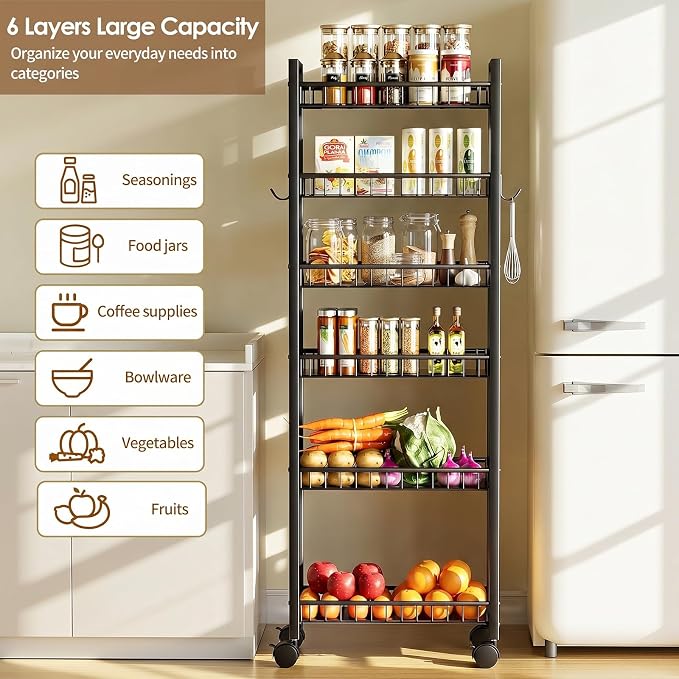 6 Tier Slim Storage Cart, Narrow Rolling Cart with Wheels, 6in(W) | Narrow Mobile Utility Shelf Unit Organizer for Kitchen, Bathroom, Laundry Room, Living Room, Small Places, Black - Image 3