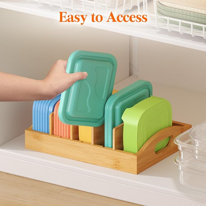 Lifewit Bamboo Lid Organizers for Inside Cabinet with 5 Sections | Food Container Lid Holder with 4 Adjustable Inserts, Kitchen Pantry organizer and storage, 10.6" X 8.3", Natural - Image 9
