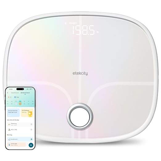 Etekcity Rechargeable Smart Scale for Body Weight, FSA Eligible, White | HSA eligible, tracks 13 metrics including BMI, body fat and muscle mass, with Secret Mode and Bluetooth app sync by Etekcity