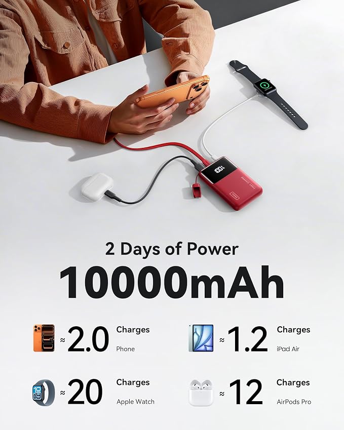 INIU Power Bank, Compact 10000mAh 45W PD Fast Charging Portable Charger | Detachable USB-C Cable, Stand, Flight-Safe, Travel, Flashlight, Battery Pack for iPhone 17 16, Samsung S26, iPad etc, Red - Image 5