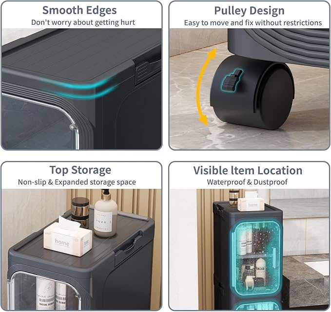 4 Tier Slim Bathroom Storage Cabinet, Foldable and Movable, Black | Tools Free, ABS and PET, Magnetic Clear Door, Adjustable Shelves, Lockable Wheels, Water Resistant, For Narrow Space - Image 5