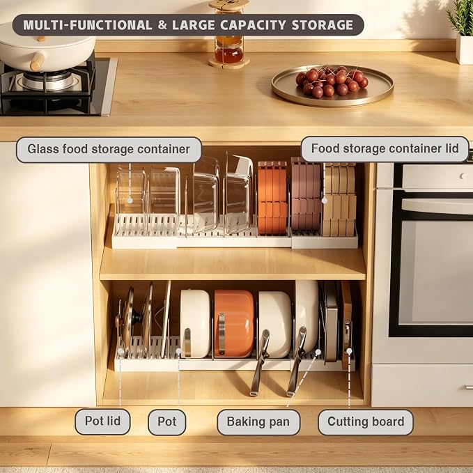 Magheo Pots and Pans Organizer Under Cabinet, Expandable 12.6"-22.8" Kitchen Cabinet Organizer Holder with 10 Adjustable Dividers for Food Storage Container Lid, Cookie Sheet, Cookware(1 Pack, White) - Image 3