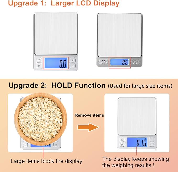 BOMATA Upgraded Small Food Scale with 0.1 g/0.001 oz High Precision | 3000 g/6.6 lb, New Hold Function, Larger Display, USB Rechargeable, Digital Kitchen Scale for Small Item, Jewelry. Sliver - Image 2