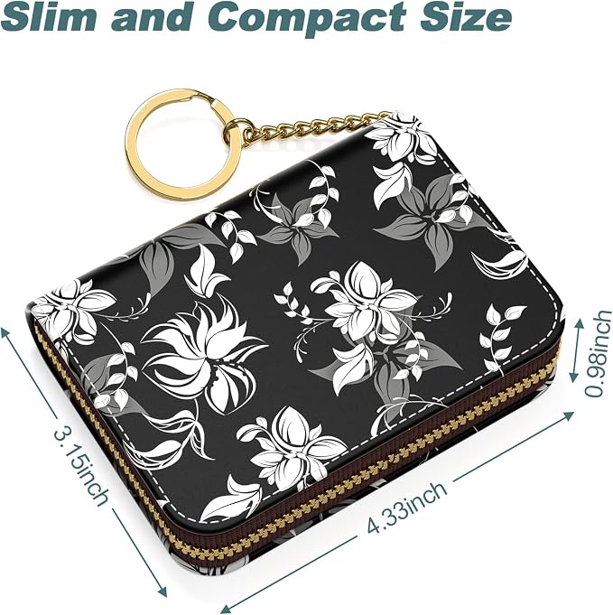 Nipichsha Women's Slim Leather RFID Wallet, Black Flower, Compact Size, 12-Slot with Zipper and Keychain | Leather Card Holder Wallet, Credit Card Wallet Organizer, Business Card Case with Zipper & Keychain, 12-Slot Compartment - Image 5