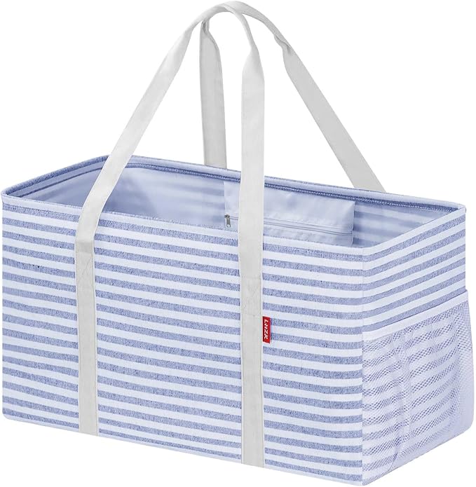 LHZK Standing Extra Large Utility Tote Bag with Metal Wire Frame and the Sides Rinforced, Extra Large Tote Bag with Handle, Reusable Grocery Bags Foldable, Beach Bag, Car Tote (Blue) | Metal Wire Frame by LHZK