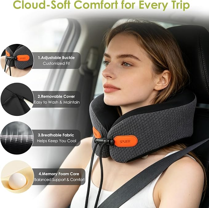 Premium Travel Pillow for Airplanes, Ergonomic Neck Pillow for Long Flights | 100% Pure Memory Foam Travel Neck Pillow with 360° Neck & Chin Support, U-Shaped Airplane Pillow, Petal-Shaped Support - Image 4