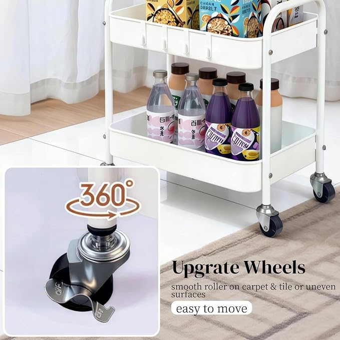 Under Desk Storage Cart 2 Tier Utility Rolling Cart with Wheels, Small Metal Mobile Trolley with Handle Two Tiered Utility Organizer Roller for Kitchen Office Bathroom Pantry Room, White - Image 5