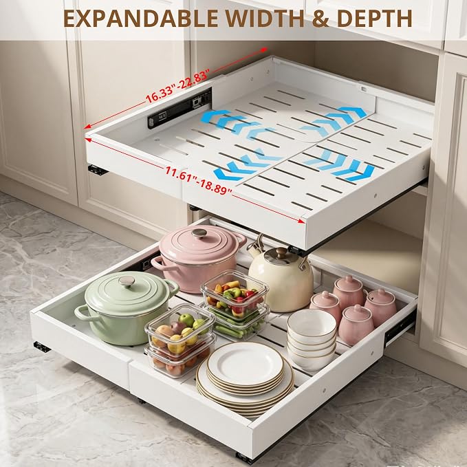 DOMNIU 2 Pack Pull Out Cabinet Organizers Width(12"-19"), Depth(17"-23") | Slide Out Drawers, Upgrade 3 Slide Rails Sliding Drawer for Kitchen Cabinet Organizer, White - Image 3