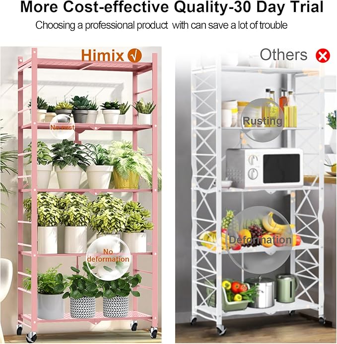 Himix 5-Tier Folding Storage Shelves with 20 Hooks Wheels Home Pink | Folding shelving units, Metal collapsible organization, Wire shelf, No assembly, Kitchen, Room, Holds 440 Ibs No assembly - Image 6