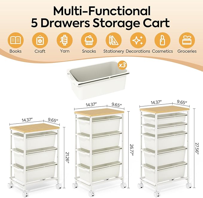 KINGBOARD Slim Rolling Cart with 3 Drawers, Metal Utility Storage Cart | Wooden Tabletop, Lockable Wheels, Under Desk Trolley for Bedroom, Children's Room and Office Organization, White - Image 2