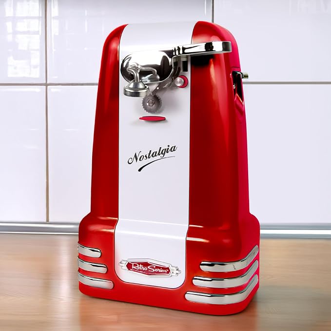 Nostalgia Retro Electric Can Opener for Kitchen with Magnetic Lid Remover, Knife Sharpener, and Soda or Beer Bottle Opener, Red - Image 6