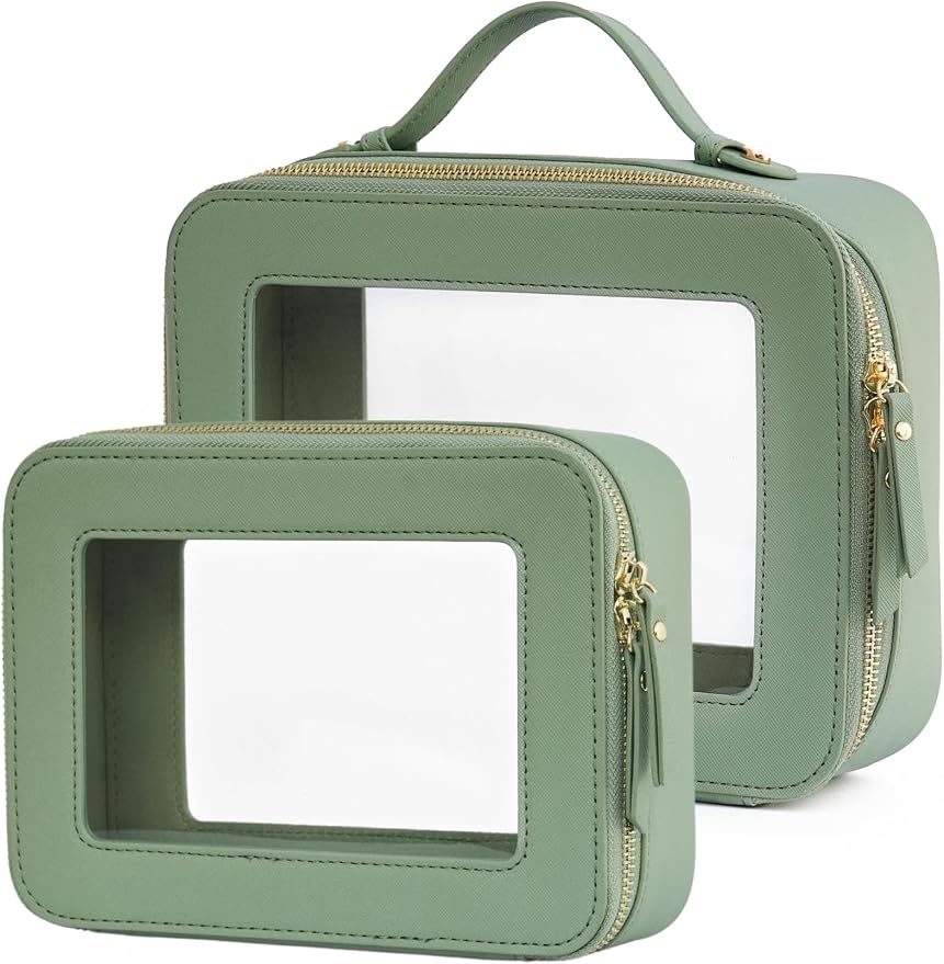 Clear Toiletry Bag 2 Pack, Travel Makeup Bag Medium and Large Green | Structured Clear Cosmetic Case with Zipper, Car Essential Organizer Bag for Women, Waterproof PU Leather, Wide Open Portable by POPVIBE