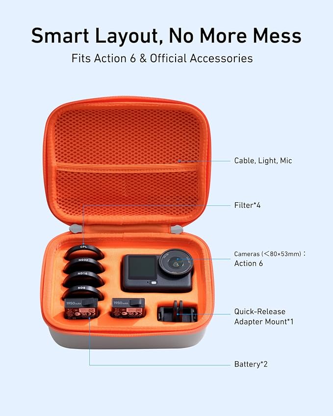 TELESIN DisAdv Carrying Case for DJI Osmo Action 6 and Official Accessories | Xtra Edge Muse Case, Waterproof Hard Carrying Bag for Camera Batteries Filter Mount, Hard Shell Action Camera Bag, Grey - Image 5