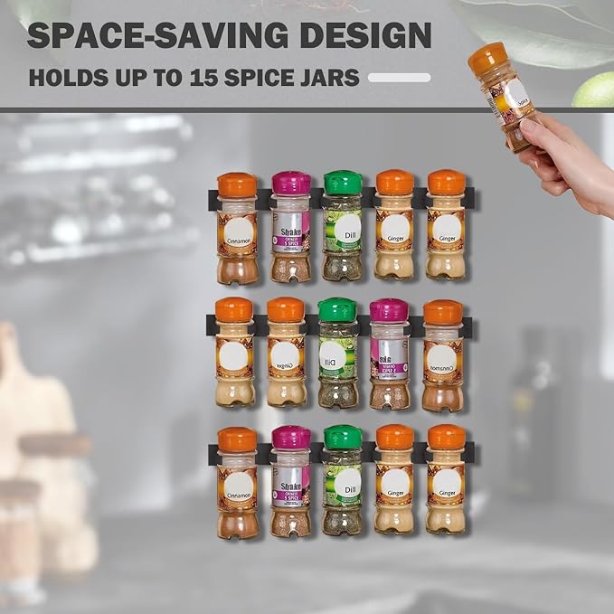 Adhesive Spice Clips 3-Pack, Heavy-Duty Spice Organizer for Cabinet Doors, Pantry & RV, Space-Saving Kitchen Storage with Tape, Holds 15 Jars (Black) - Image 6