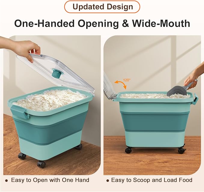 Rice Storage Container, Collapsible Airtight Food Storage Containers 20-30lbs with Clear Lid and Wheels, Rice Dispenser with Scoop for Flour Cereal Pasta Grain, Cat Pet Bird Dog Food Storage Container - Image 3