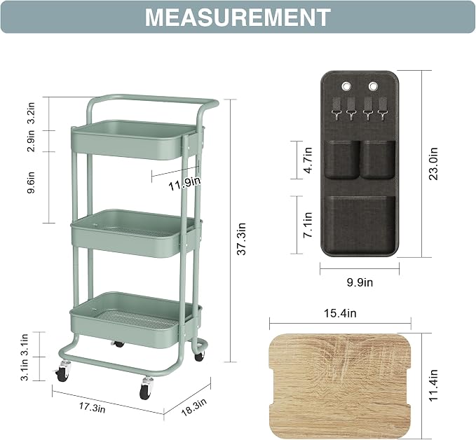 DTK 3-Tier Rolling Cart with Table Top, Metal Utility Cart with Side Bags | Tray Storage Organizer, Lockable Wheels, 4 Hooks, Art Cart for Kitchen, Bathroom, Office, Craft room, Living room, Green - Image 6