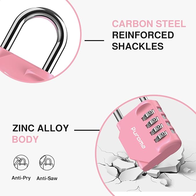 Puroma 2 Pack Combination Lock Locker 4 Digits Combo Padlock Gym Rose Pink | For School Gate Fence Toolbox Hasp Storage, Outdoor, Resettable, Weatherproof, Side Window, Crack Cut Resist, Hardened Steel - Image 4