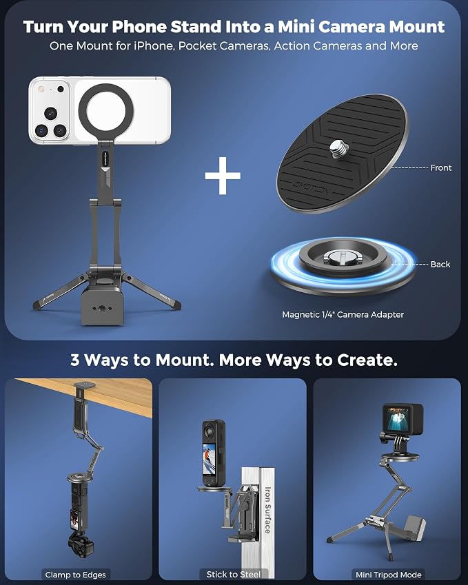 OMOTON TP02-Ultra Magnetic Action Camera Mount for DJI/GoPro iPhone, Grey | Arca-type Adapter with 1/4" Screw, 4 in 1 Phone Tripod for Travel Vlog, Adjustable & Swivel, for iPhone 12-17 Series - Image 2