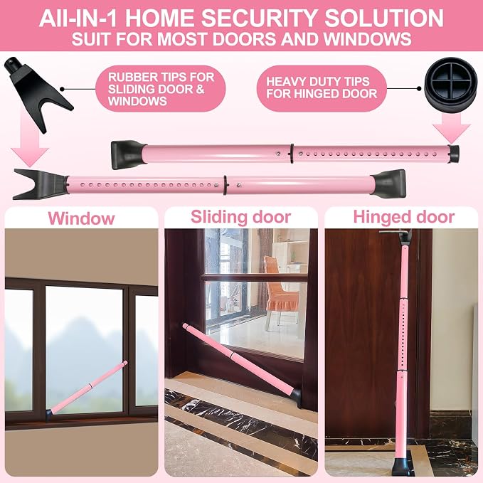 Rerishom 2 Pack Door Security Bar, Heavy Duty Door Stopper Jammer, Pink | Locking Security Bar for Door, Adjustable Home Security Barricade for Apartment, Hotel Room and Screen Door - Image 2