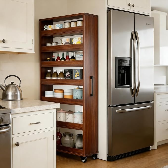 Rolling Spice Rack Next to Side of Fridge Storage Slim Narrow Shelf Lightweight 7 Tier Wooden Storage Cart for Kitchen, Dining Room, Bathroom, Small Spaces (Teak, 72.4" H x 9.8" W x 21.6" D) by Unknown
