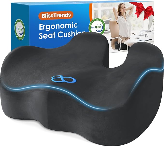 BlissTrends Extra Thick Seat Cushion for Office Chair & Car Seat, Grey | Tailbone & Sciatica Relief, Ergonomic Support, High-Density Memory Foam, Comfort for Extended Sitting by BlissTrends