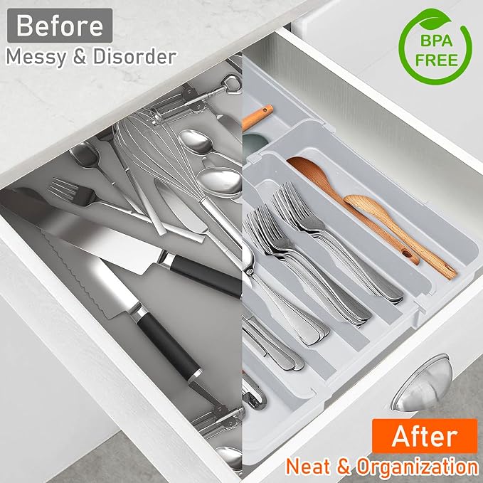 Silverware Drawer Organizer Tray, Adjustable Cutlery Storage for Kitchen, Expandable Flatware and Utensil Holder Divider for Spoons Forks Knives Tableware, 15 x 19, 4-7 Slots, Gray - Image 5
