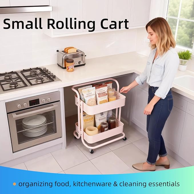 2 Tier Short Rolling Cart with Wheels All-Metal Pink Pantry Storage for Kitchen,Under Desk Trolley with Handle Small Wheeled Storage Cart for Laundry Room Bathroom, Under Table Small Space - Image 8