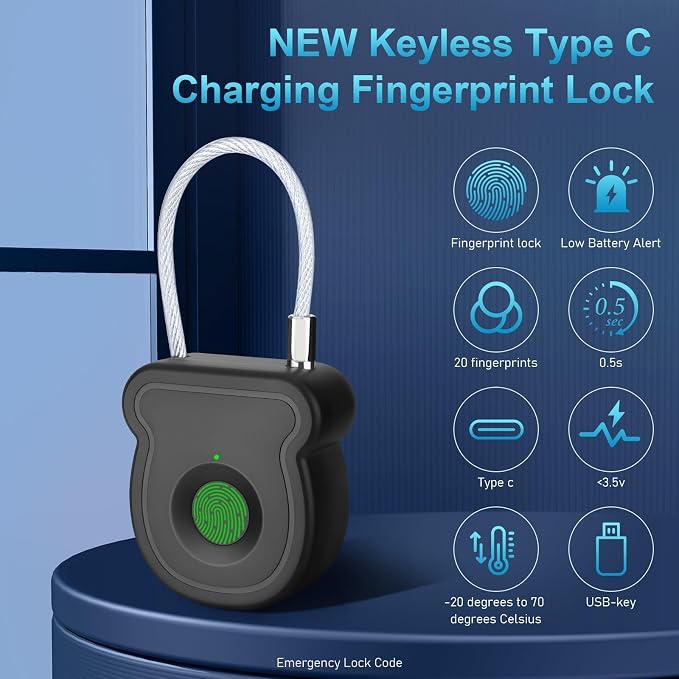 Fingerprint Padlock, Keyless Smart Lock, 0.5s Unlock, 20 Fingerprints, USB-Key, Emergency Unlock Code, Low Power Warning, Anti-Theft for Suitcase, Drawer, Wardrobe - Image 2