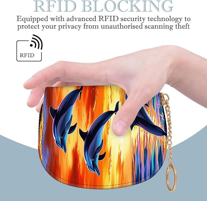 Women's Slim RFID Wallet – Compact Leather Card Holder Wallet for Women, 9 Card Slots RFID Blocking Credit Card Organizer, Small Travel Wallet - Dolphin Jumping Ocean Sunset Beach - Image 5
