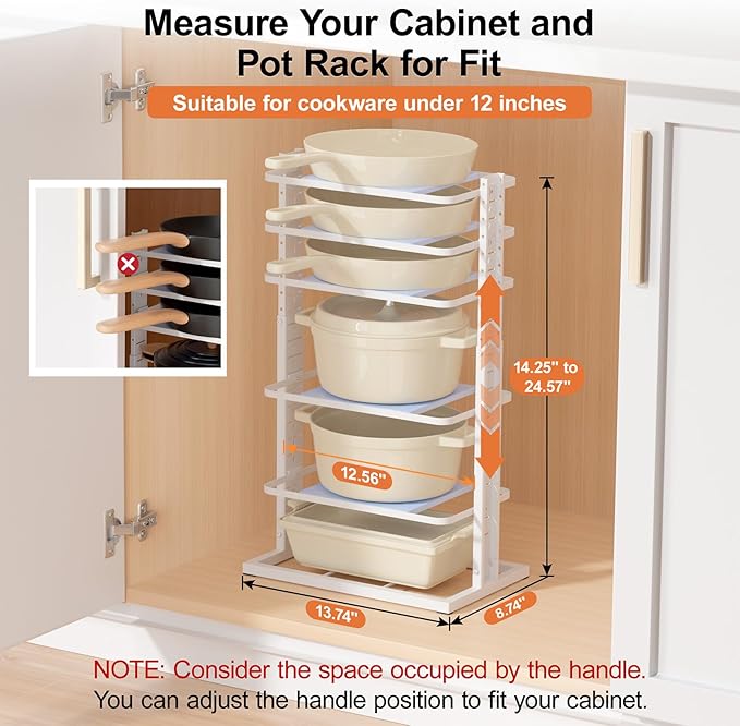 LAMU Pots and Pans Organizer for under Cabinet, 6-Tier Heavy Duty Pan Pot Organizers inside Cabinet Adjustable 14 to 24.57", Pot Rack Kitchen Cabinet Organization and Storage Holds up to 12" Cookware - Image 2
