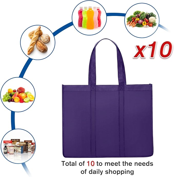 Reusable Grocery Shopping Bags 10 Pack Large Foldable Tote Bags Bulk | Eco Produce Bags with Long Handle for Shopping Groceries Clothes (Purple) - Image 5