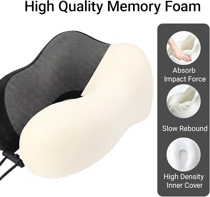 Travel Neck Pillow, 100% Memory Foam, U-Shaped with Storage Box, Black | 100% memory foam with 360-degree support & adjustable buckle. Compact storage box. Machine washable cover. Fits all necks. - Image 3