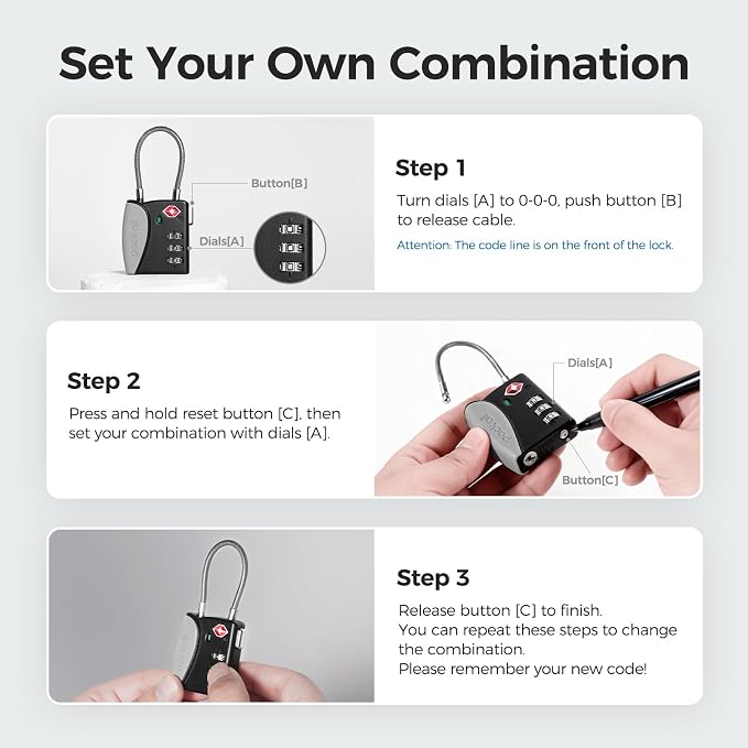 pack all TSA Approved Travel Luggage Locks, Resettable 3-Digit Code | Open Alert Indicator, Flexible Steel Cable, Zinc Alloy Body, Clear Number Dials, For Suitcase, Toolbox, Backpack, 1 Pack - Image 9