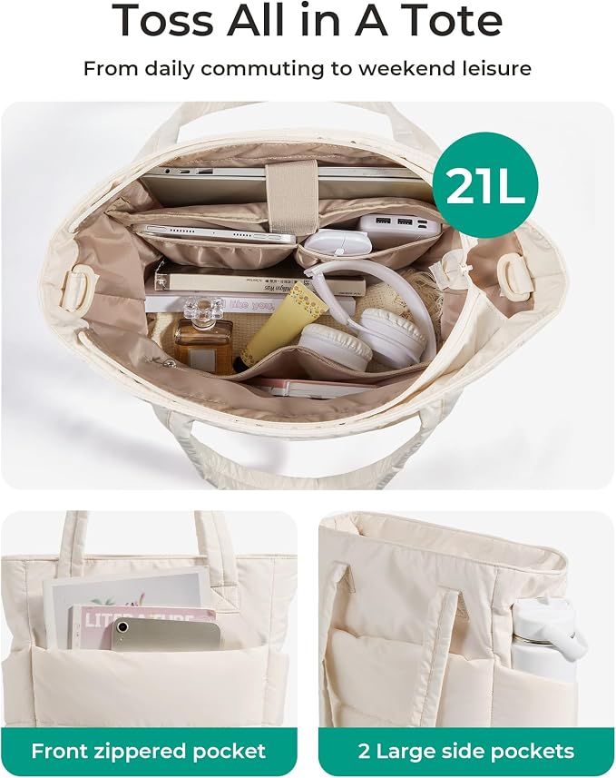 BAGSMART Tote Bag for Women, Lightweight Puffy Tote Bag with Compartments Shoulder Bag Handbag for Travel, Work, Gym | Lightweight - Image 5