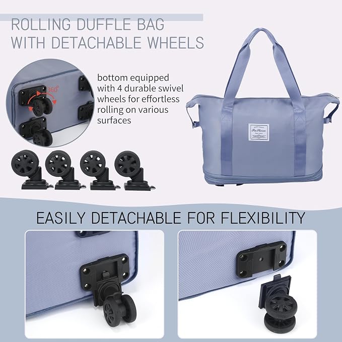 VOOWO Rolling Duffle Bag with Wheels, Expandable Foldable Duffle Bag for Travel, Rolling Under Seat Luggage Carry on Duffel Bags, Wheeled Travel Duffel Weekend Bags, Capacity 18L to 30L (Blue) - Image 5