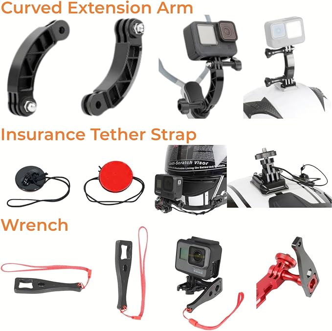 Universal Action Camera Accessories Kit: Curved/Flat Mount, Quick Release Buckle, J-Hook Buckle, 3-Way Pivot Arms, Tripod Adapter, Curved Extension Arm and etc, Action Camera Basic Adapter Kit - Image 6