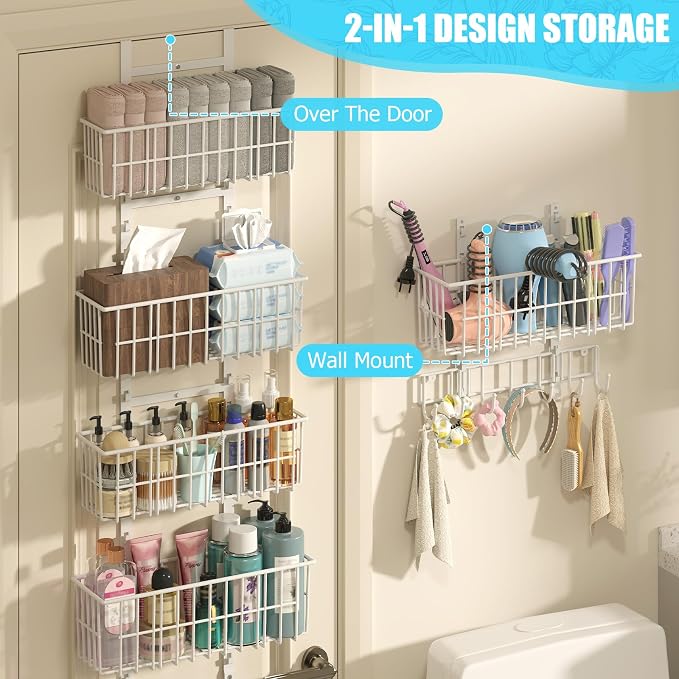 Hongtamoya Over The Door Organizer, Hanging Door Organizer with 5 Metal Baskets, Behind The Door Storage for Pantry Closet Bedroom Bathroom Cabinet Kitchen, White - Image 6