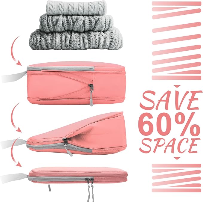 WOOMADA Compression Packing Cubes for Suitcases Travel Essentials 4 Set Expandable Travel Bags Organizer for Luggage(pink) - Image 3